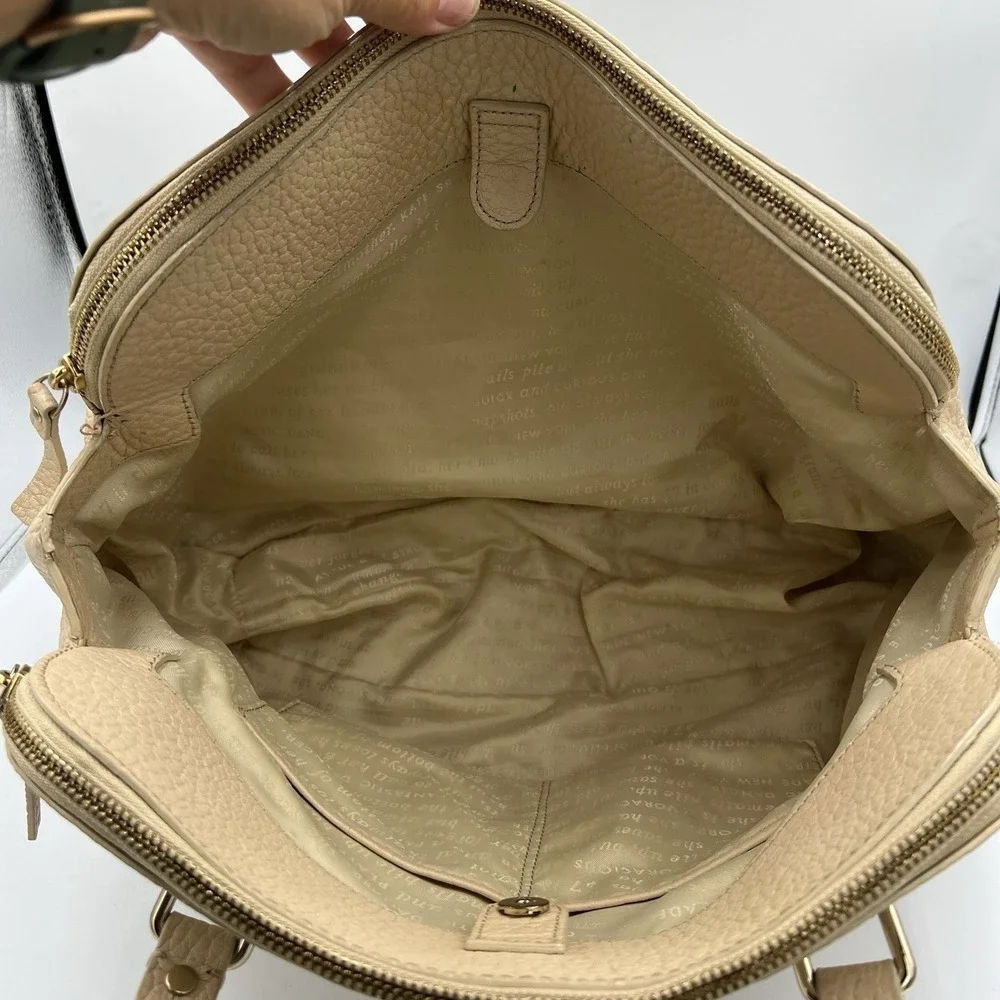 Kate Spade Pebbled‎ Leather Satchel Tote Bag Beige Zip Top Shoulder Purse